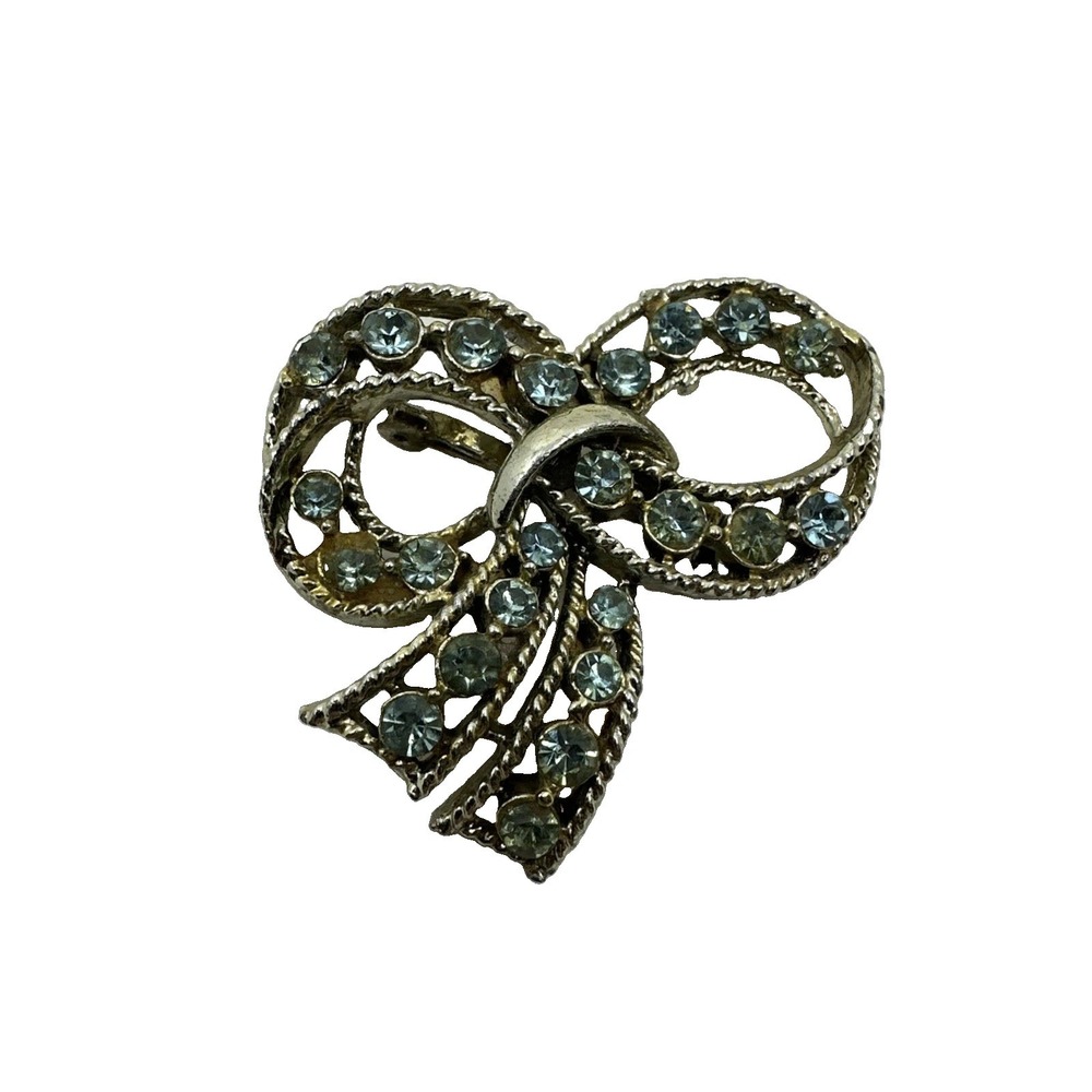 Silver Tone Bow Brooch Pin, Clear & Blue Rhinestone Cluster Stones